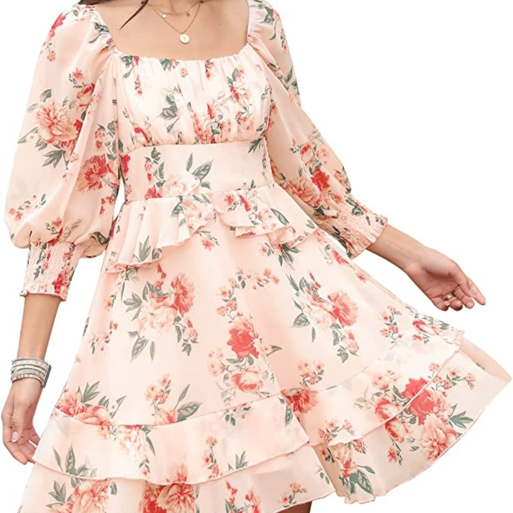Pre-owned Womens Floral Ruffle Sun Dress Sundress Tiered Square Neck Long Sleeve